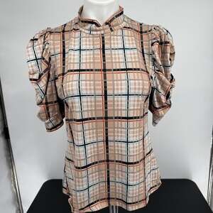 Fashion Nova Plaid Blouse - Tan and Black
